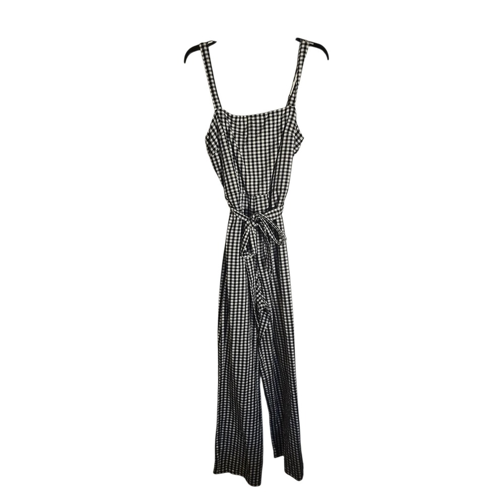 Francesca's Mi Ami Gingham Wide Leg Jumpsuit Black White Tie Waist Large NWT